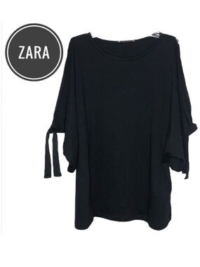 Zara Black Dolman Tie Sleeve Open Arm Top